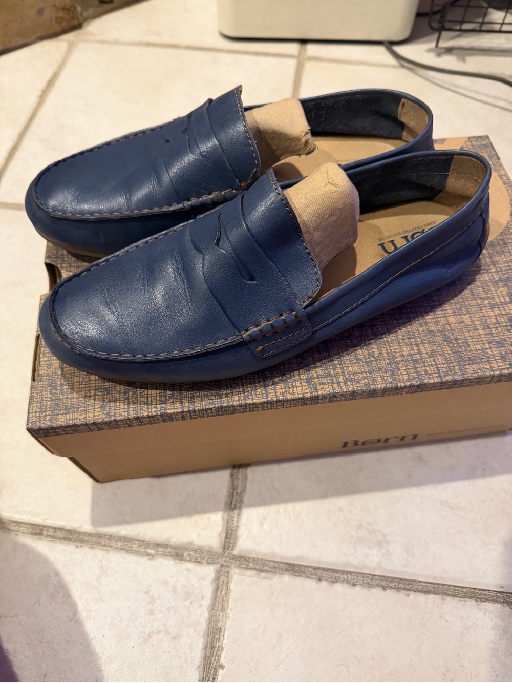 Børn Blue Leather Penny Loafers / Driving Mocs (Original Box Included)